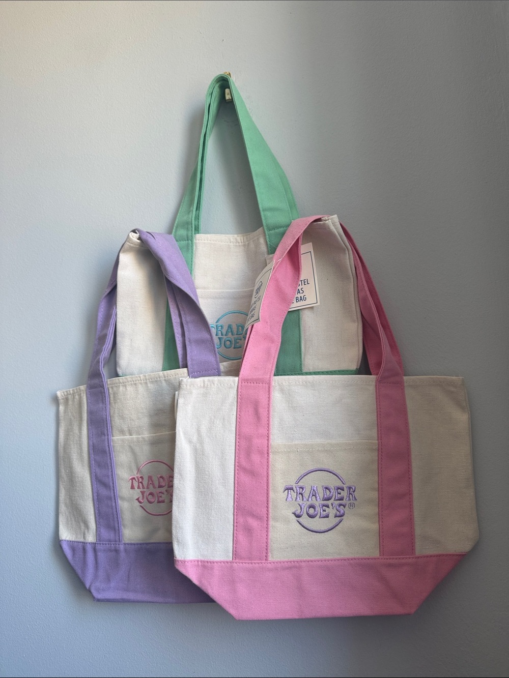 Lot of 3 Trader Joe’s Mini Canvas Totes in Pastel Colors